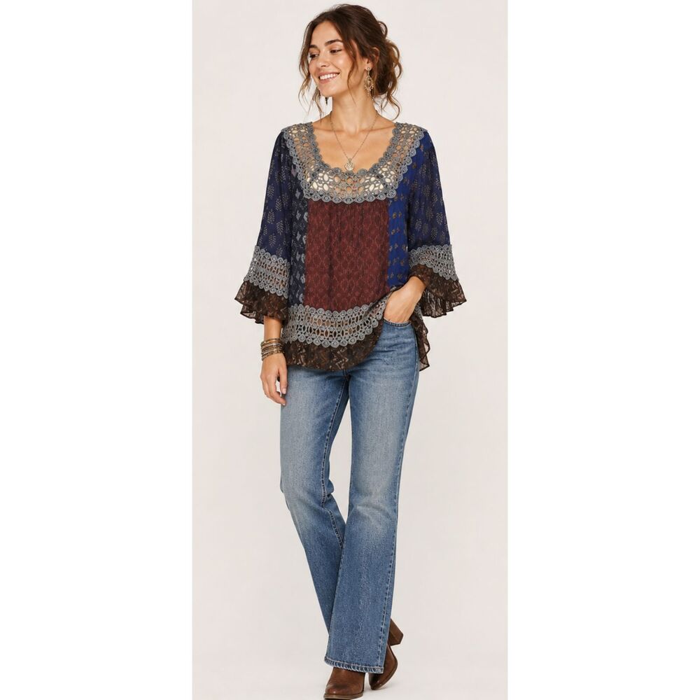 New SACRED THREADS S M Ikat Multi-fabric Woven Lace Trim Rayon Boho Tunic Top